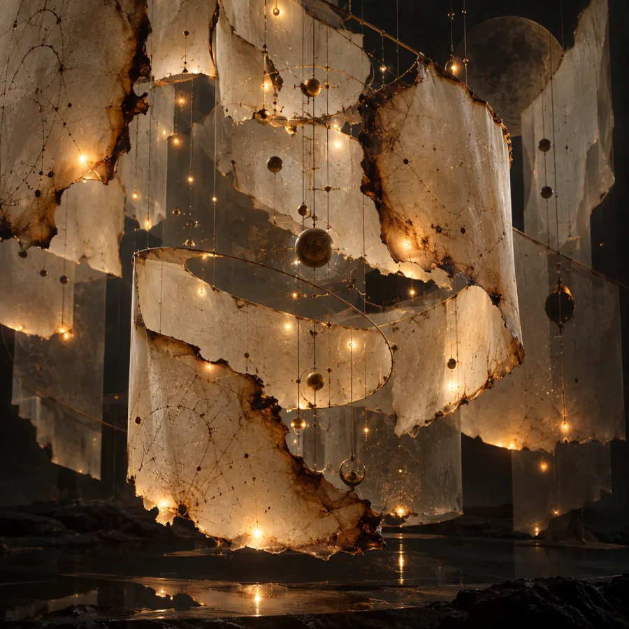 Vellum Ember Constellation: Translucent parchment-like sheets lit by scattered warm points, scorched-looking edges and layered spatial depth.