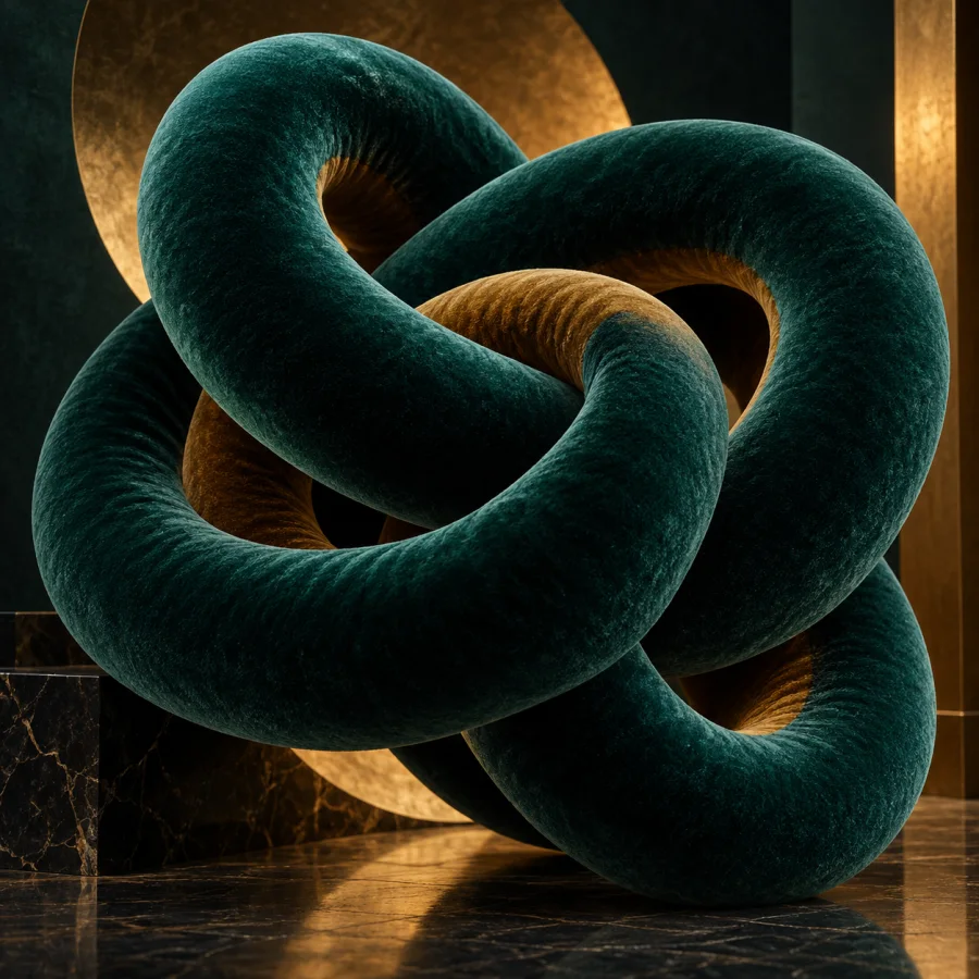 Velour Topological Knot: One continuous plush surface folded through complex loops, deep soft shadows and saturated jewel color.
