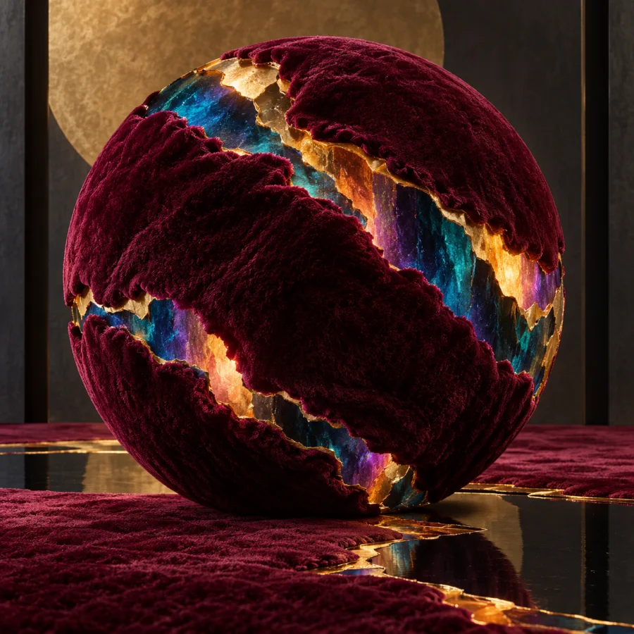 Velvet Chromatic Fault: A deep plush surface split by jagged luminous color bands, soft pile interrupted by sharp abstract fractures.