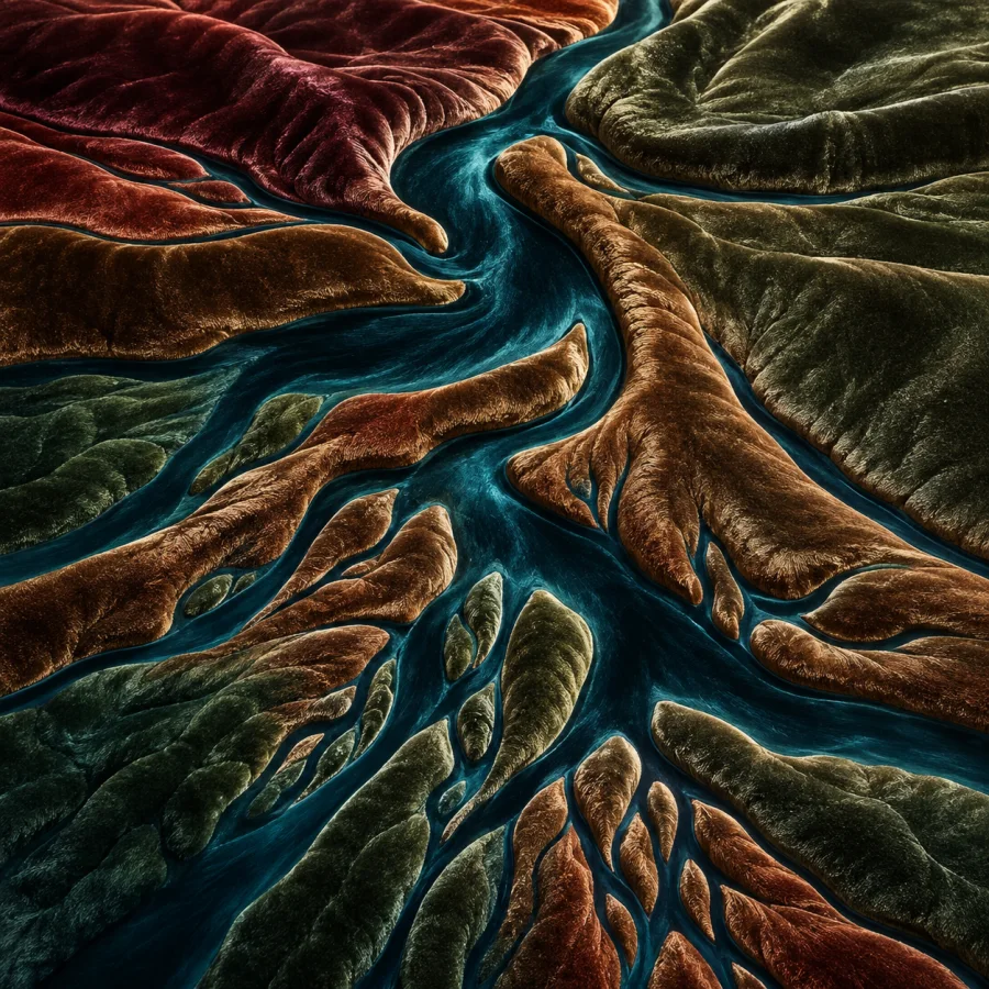 Velvet River Delta: Dense colored velvet pile combed into branching river patterns, directional sheen and raised flowing banks.