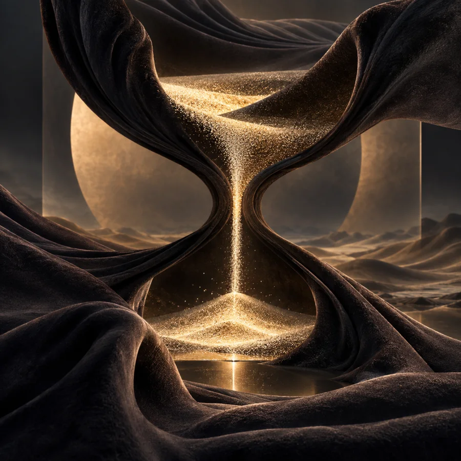 Velvet Sand Clock: Soft dark velvet dunes folding around luminous granular streams, quiet directional sheen and surreal temporal structure.