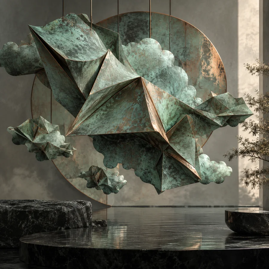 Verdigris Cloud Origami: Folded copper sheets oxidized into pale green cloudlike clusters, sharp seams and soft chalky patina.