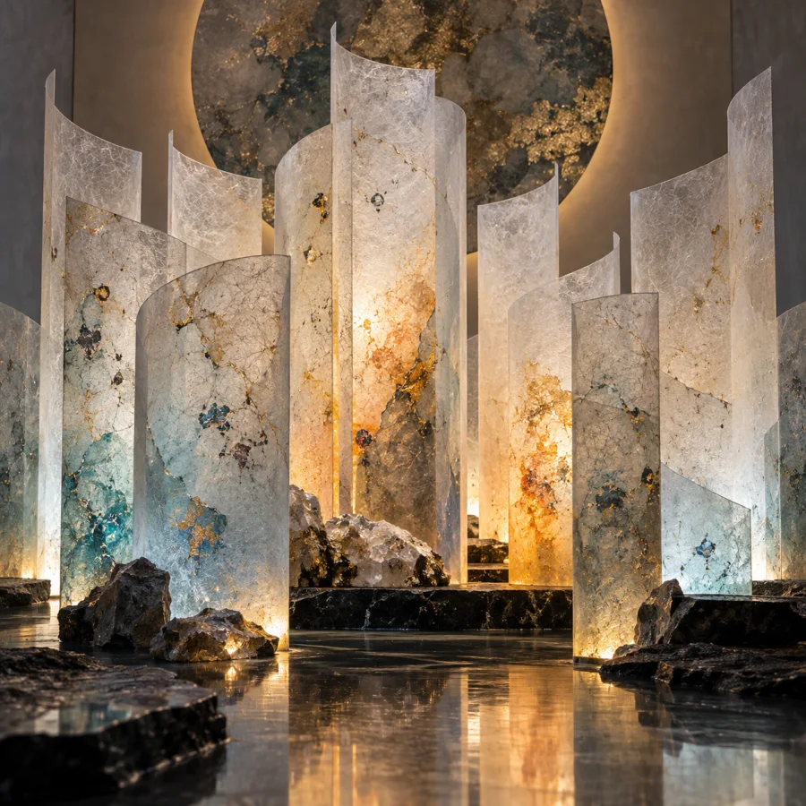 Washi Mineral Choir: Upright translucent paper forms arranged in harmonic groups, embedded mineral dust and soft colored backlighting.
