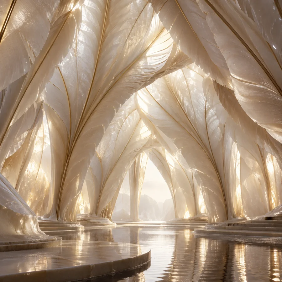 Waxed Feather Architecture: Overlapping wax-coated feathers forming delicate vaulted spaces, translucent edges and soft ivory material depth.