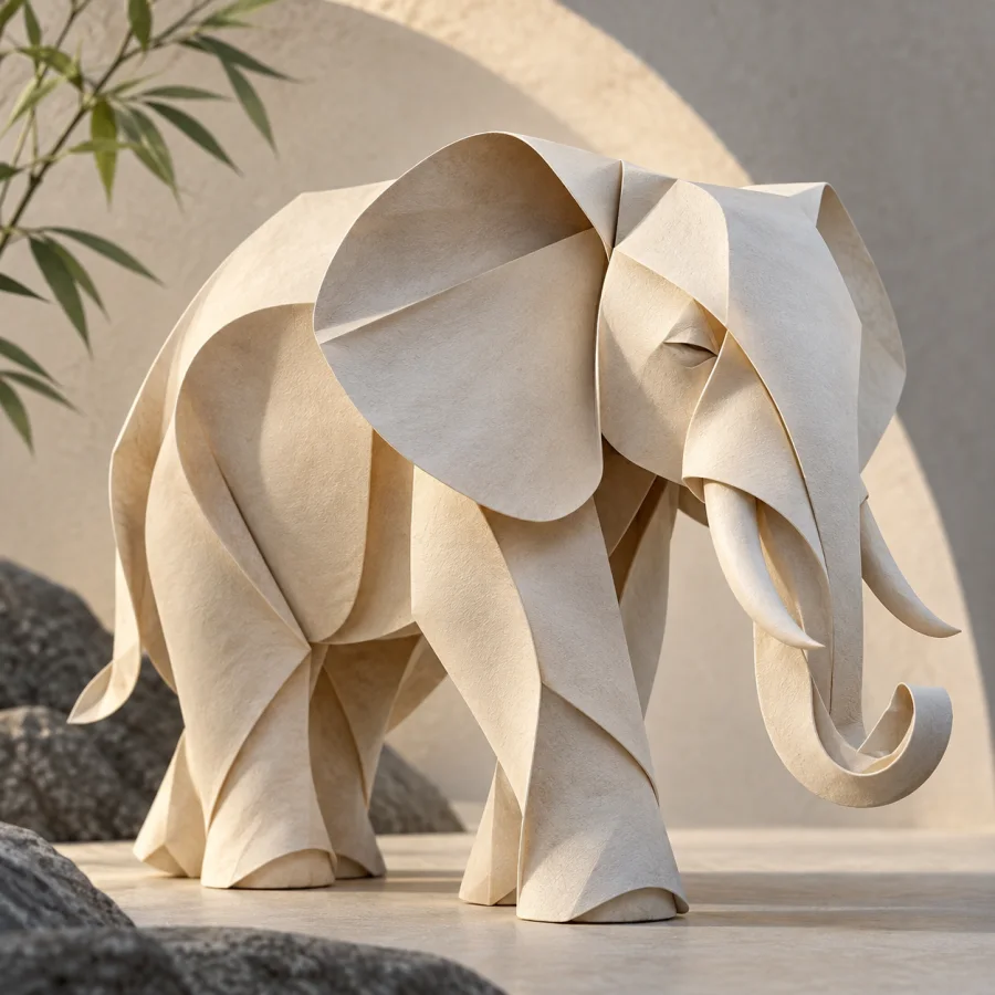 Wet-Folded Origami: Softly rounded paper forms with broad curved folds, sculptural volume and restrained visible crease lines.