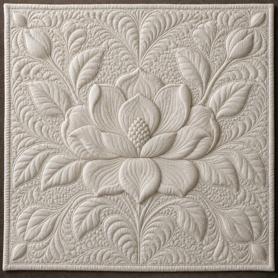 Wholecloth Quilting: One continuous fabric surface shaped by dense quilting stitches, raised motifs and subtle light-and-shadow pattern.
