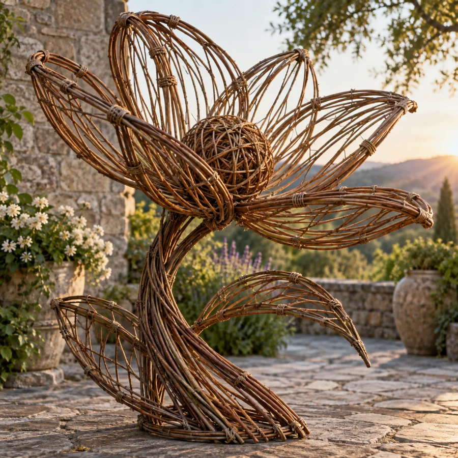 Willow Rod Sculpture: Flexible willow branches bent into open frameworks, visible tied intersections and flowing structural curves.