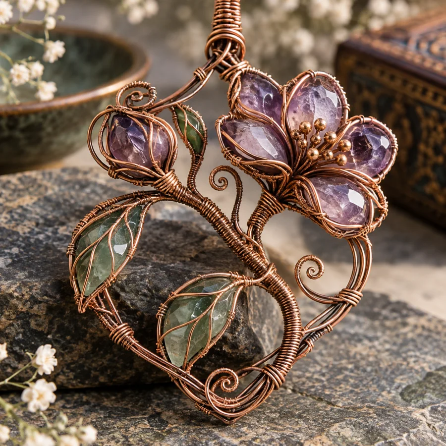 Wire-Wrapped Gem Sculpture: Continuous fine wire coiled around colored stones, visible binding patterns and airy ornamental frames.