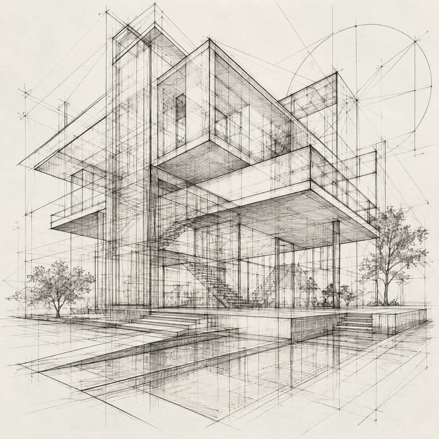 Wireframe Perspective Sketch: Freehand structural edges and construction lines, transparent overlapping volumes and expressive perspective exploration.