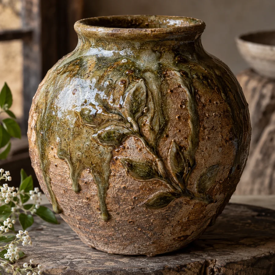 Wood-Ash Glaze: Natural green-brown ash glaze pooling over rough clay, melted runs and irregular kiln-fired texture.