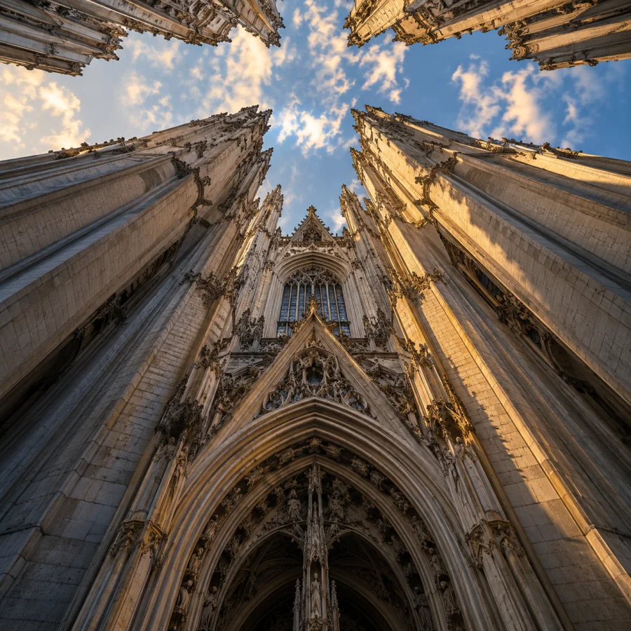 Worm's-Eye Architectural Perspective: Extreme low-angle architectural drawing, soaring converging verticals and dramatic overhead structural geometry.