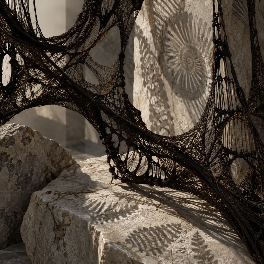Woven Shadow Fossils: Interlaced dark threads casting fossil-like silhouettes onto pale stone, layered shadows and delicate structural ambiguity.