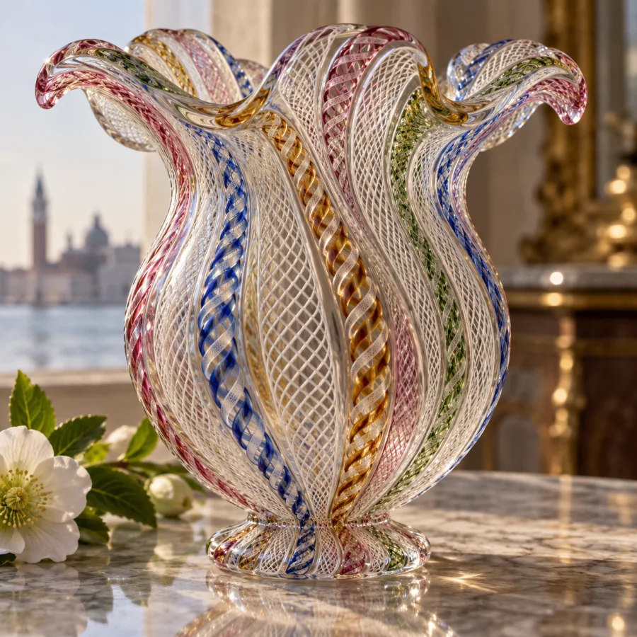 Zanfirico Glass: Twisted multicolored glass threads forming fine internal lattices, precise spiraling bands and luminous transparency.