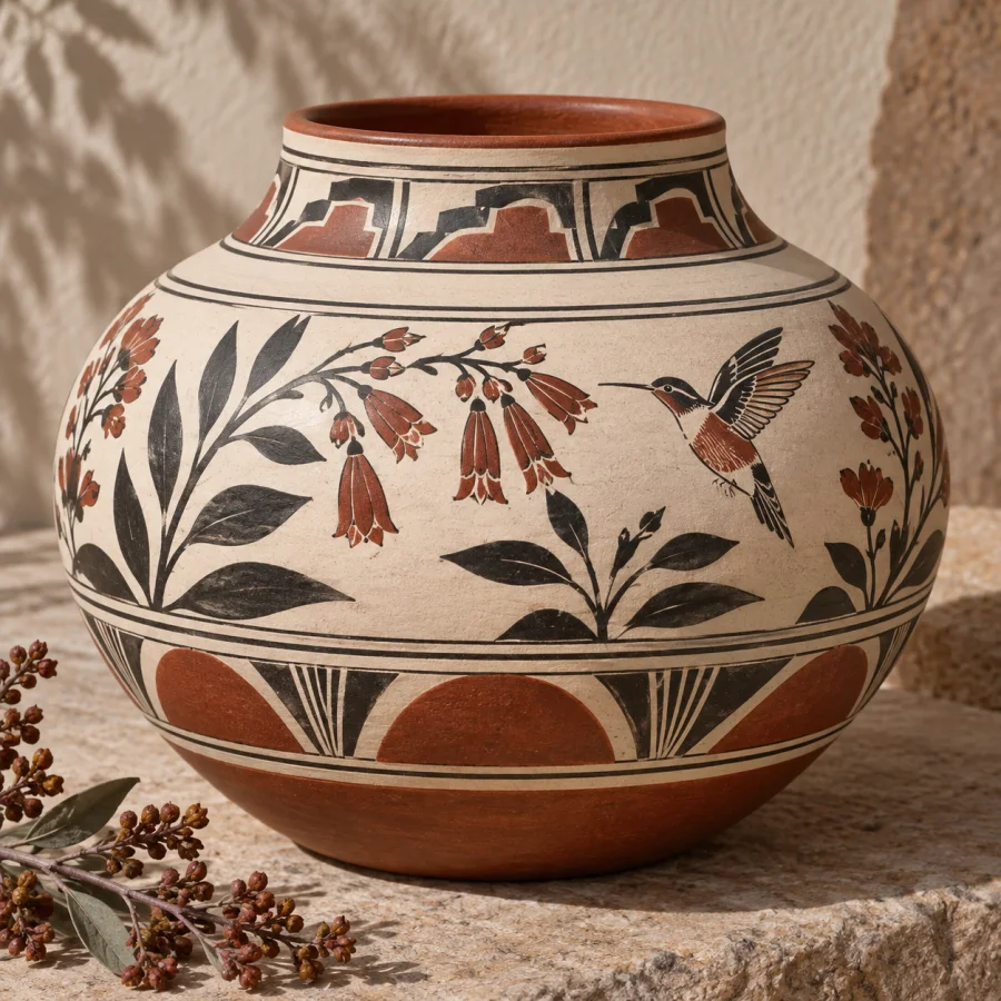 Zuni Olla-Inspired Pottery: Rounded cream vessels with clearly divided decorative bands, fine dark outlines and red-brown accents using original nonceremonial botanical patterns.