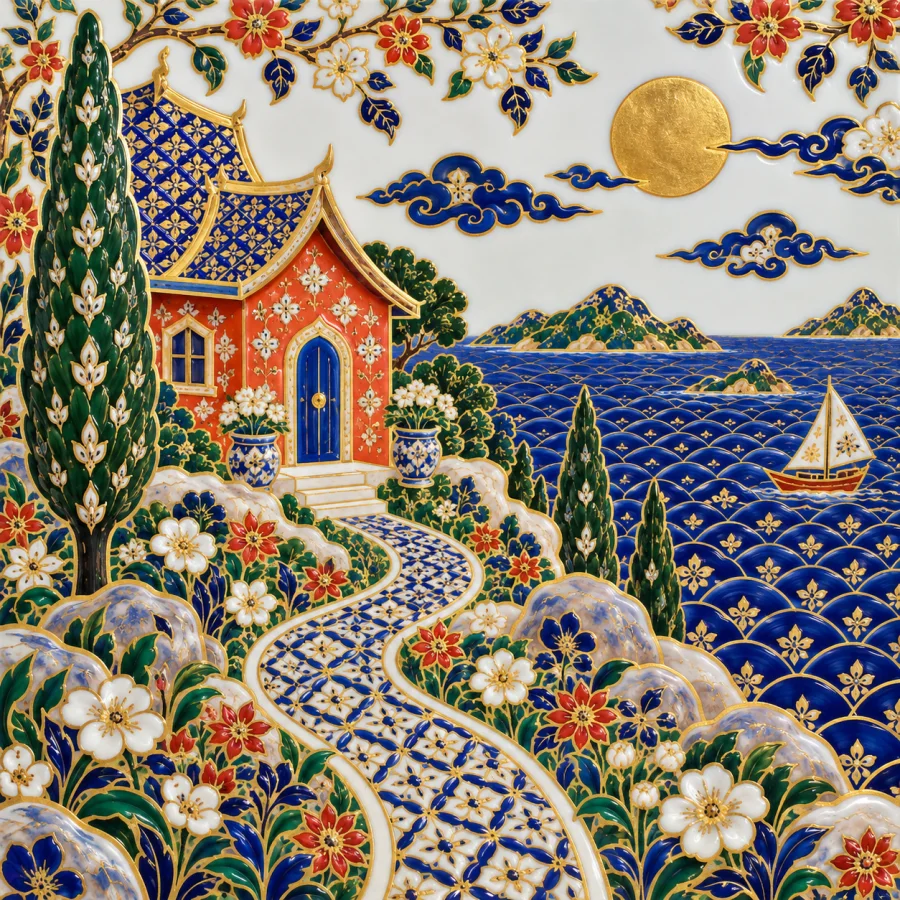 Bencharong Porcelain: Tiny enamel patterns on white ceramic