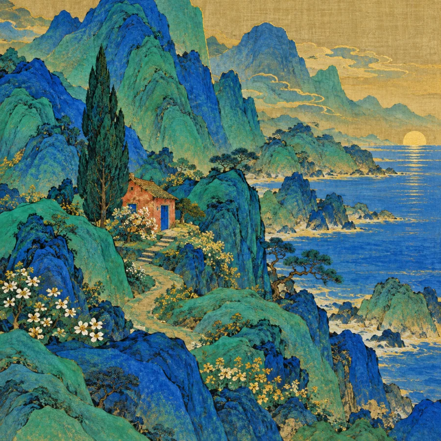 Blue-and-Green Shanshui: Mineral blues across layered peaks