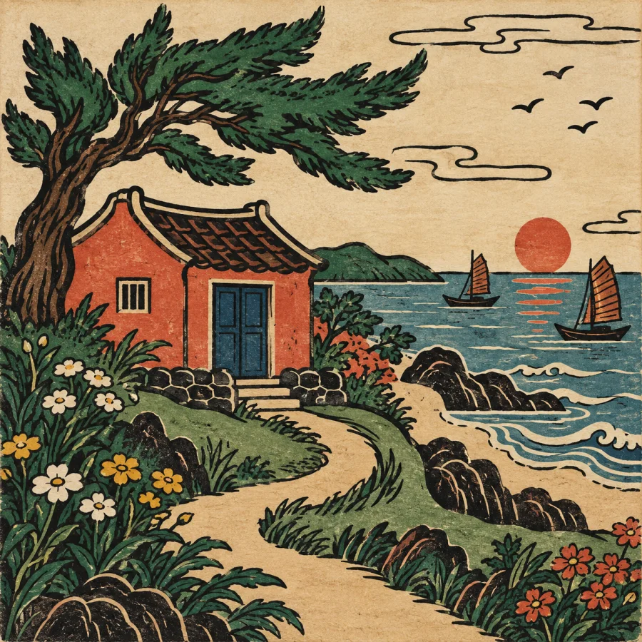 Dong Ho Woodblock Print: Bold folk forms on shimmering paper