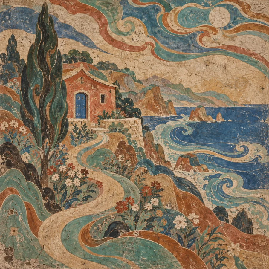 Dunhuang-Inspired Mural: Mineral color across a weathered wall