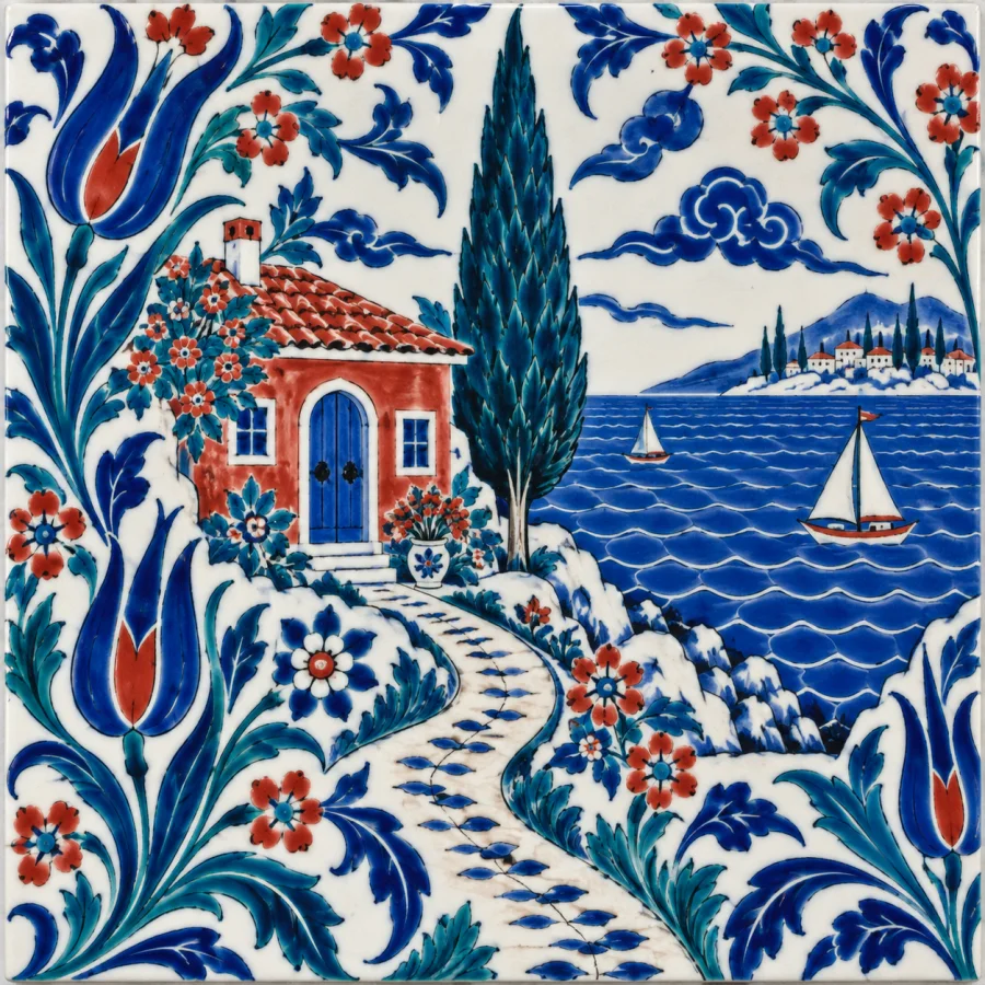 Iznik Ceramic Painting: Cobalt, turquoise, and raised red