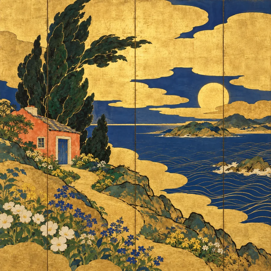 Kano Gold-Screen Painting: Bold brushwork across luminous panels