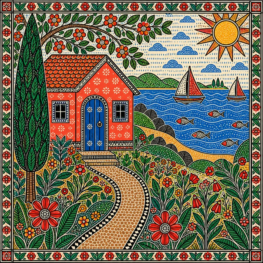 Madhubani Painting: Dense line patterns fill every form