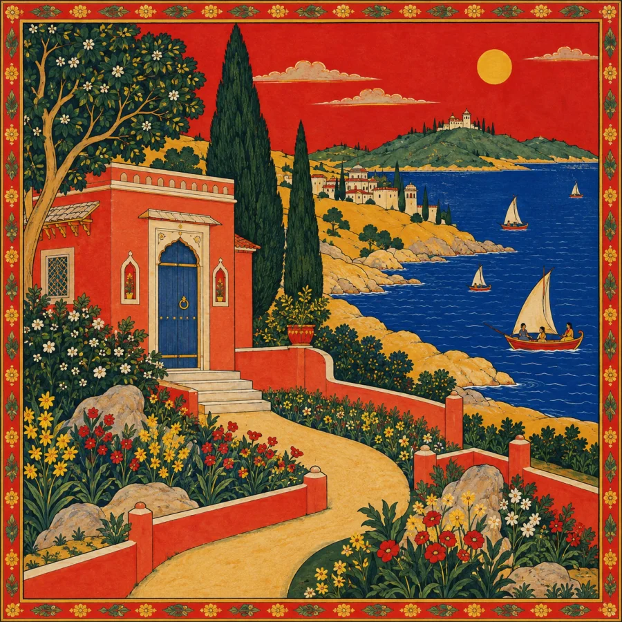 Mewar Painting: Bold colors and clearly divided spaces