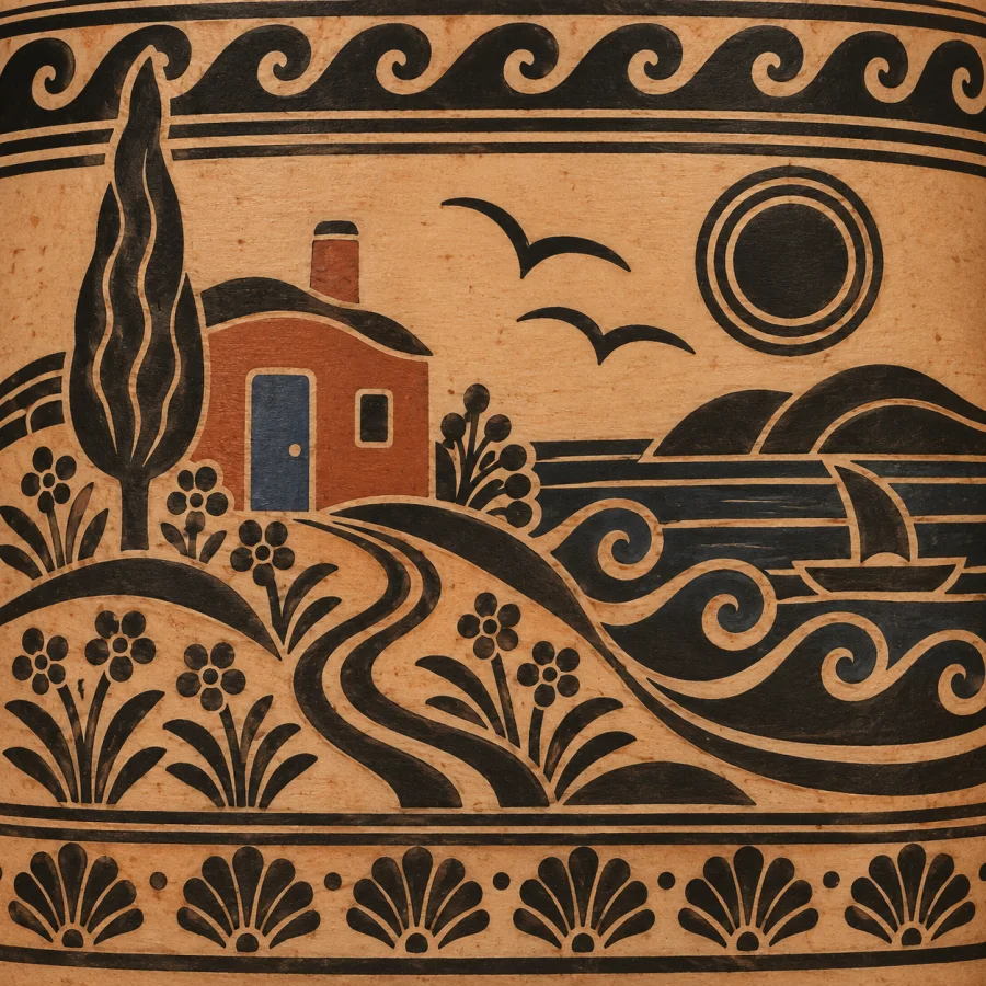 Mycenaean Pottery Painting: Dark rhythmic motifs on pale clay