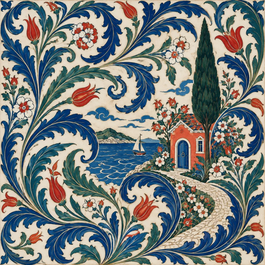 Ottoman Saz Ornament: Long serrated leaves sweep through the image
