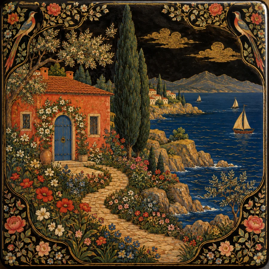 Qajar Lacquer Painting: Fine painted detail under a glossy surface