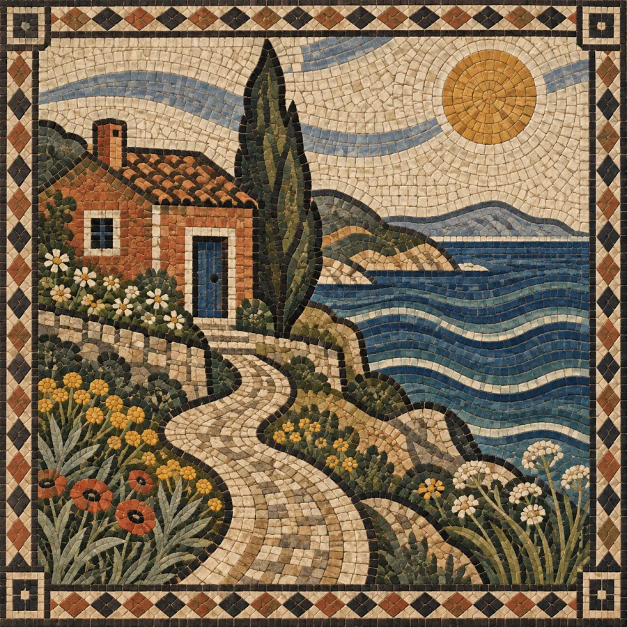 Roman Floor Mosaic: Stone tesserae arranged in flowing bands