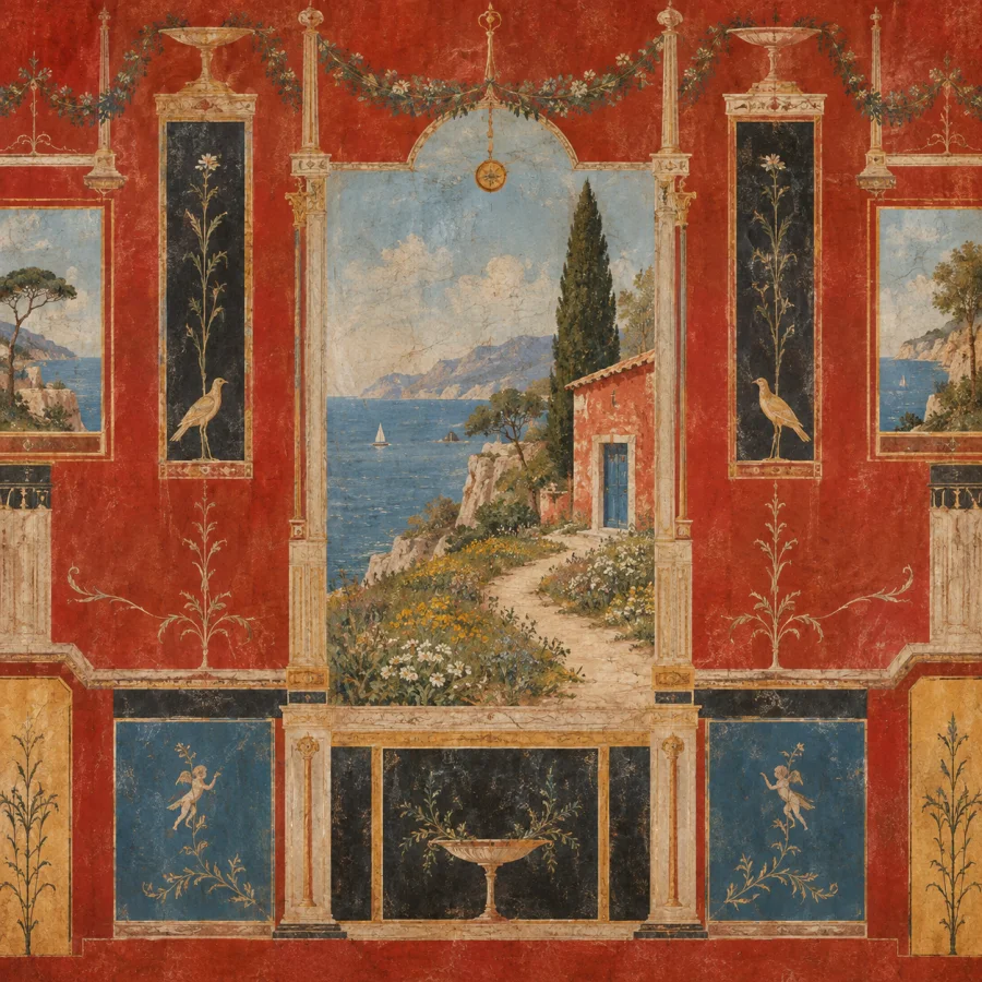 Roman Fourth-Style Fresco: Fantasy architecture around tiny views