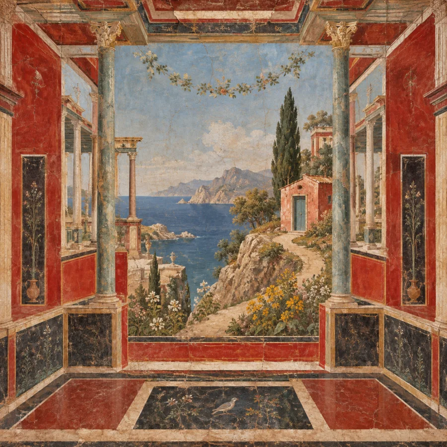 Roman Second-Style Fresco: A painted wall opens into deep space