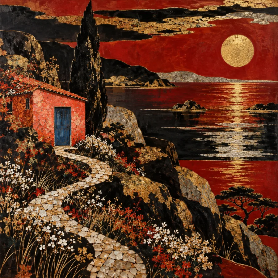 Vietnamese Lacquer Landscape: Layered depth in gold and dark lacquer
