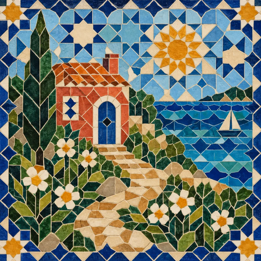 Zellij Tilework: Cut glazed pieces form precise geometry