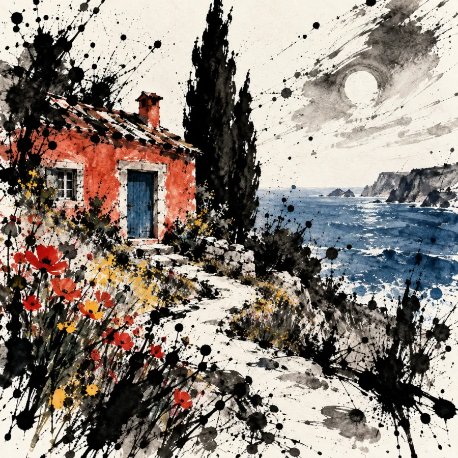 Ink Splatter: A scene emerging from flying ink