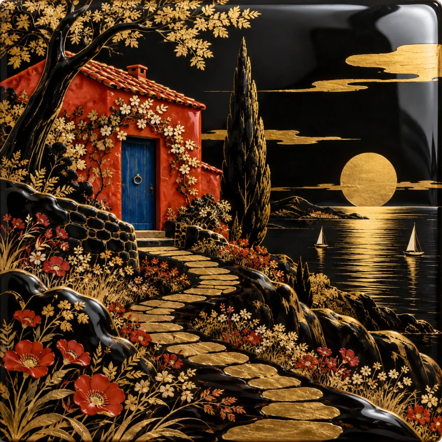 Lacquerware: Deep black, red, and shining gold