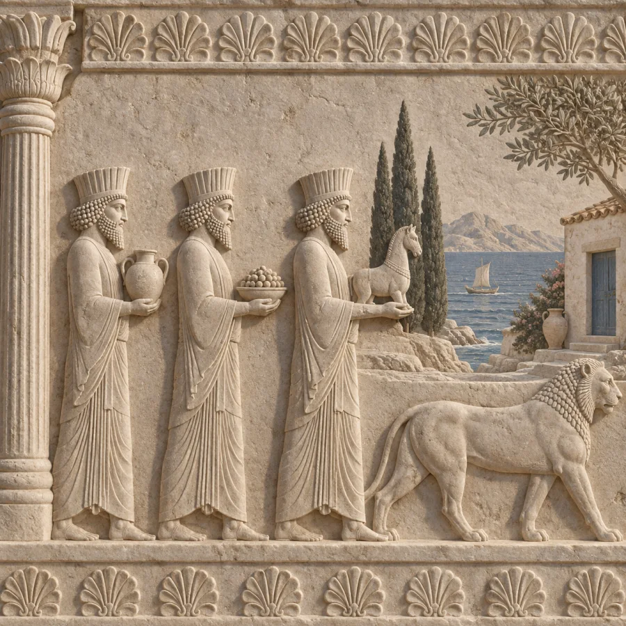 Achaemenid Stone Relief: Measured processional rhythm in pale stone