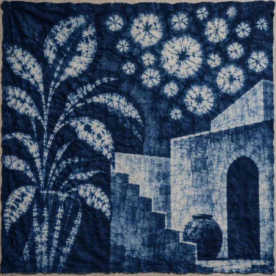 Adire Oniko: Indigo tie-resist cotton with clustered pale circles, compressed folds and irregular blue tonal halos.