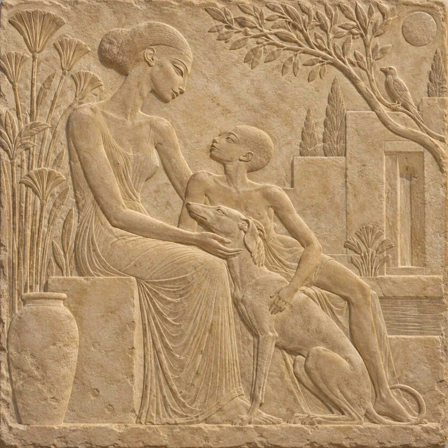 Amarna-Inspired Relief: Soft limestone relief with flowing contours and informal naturalistic movement.