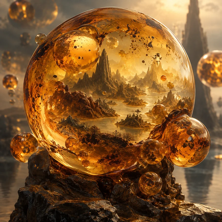 Amber Bubble Cartography: Layered translucent amber bubbles encoding an imaginary terrain, warm internal refraction and suspended specks.