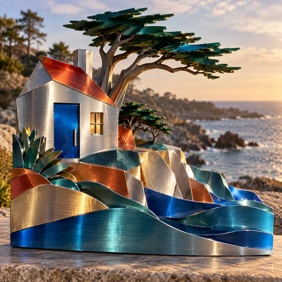 Anodized Aluminum Sculpture: Clean geometry in luminous metallic color