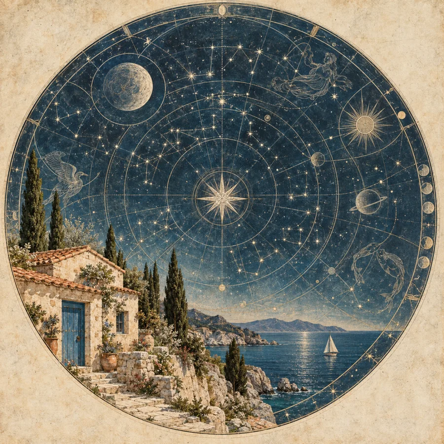 Antique Celestial Atlas: Constellation-like geometry on a deep celestial field