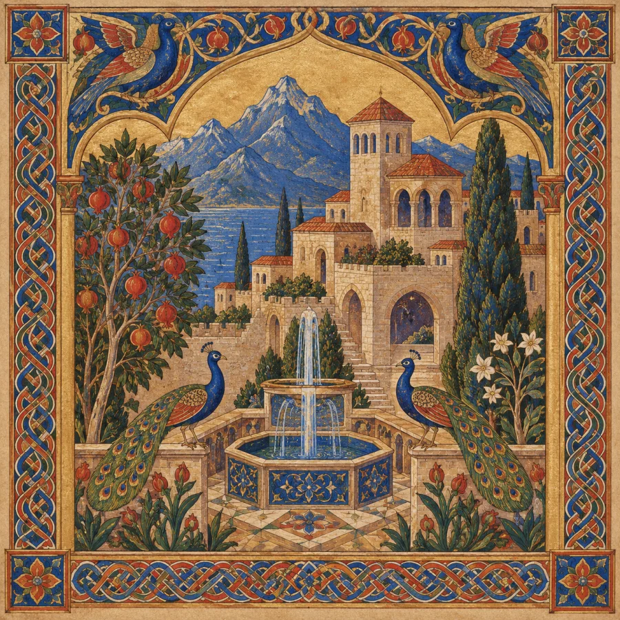 Armenian Manuscript Illumination: Jewel-like pigments, intricate interlace borders, fine linear decoration and compact architectural framing.