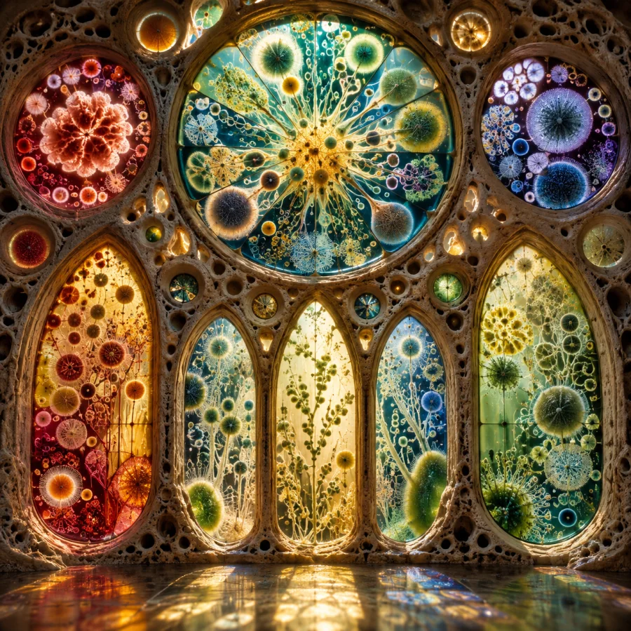 Bacterial Stained Glass: Invented microscopic cell colonies arranged like luminous window panels with porous organic boundaries.