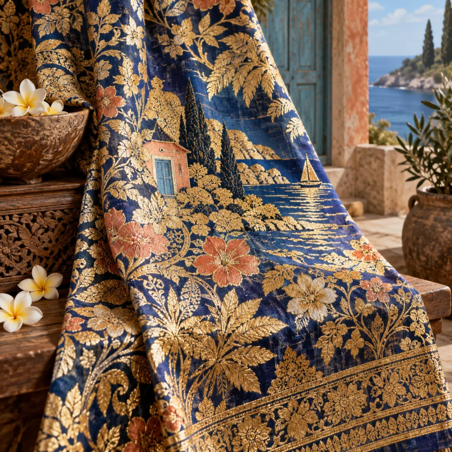 Balinese Prada Textile: Gold-like ornament over richly colored cloth