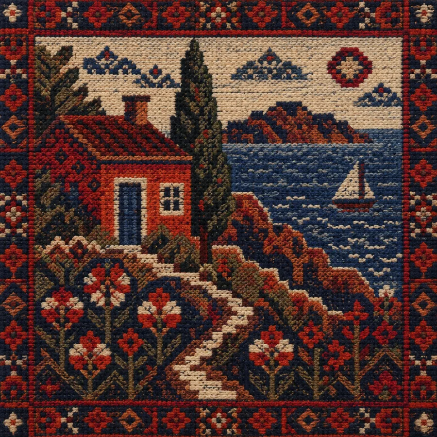 Baluch Needlework: Dense counted geometry in strong contrasting thread