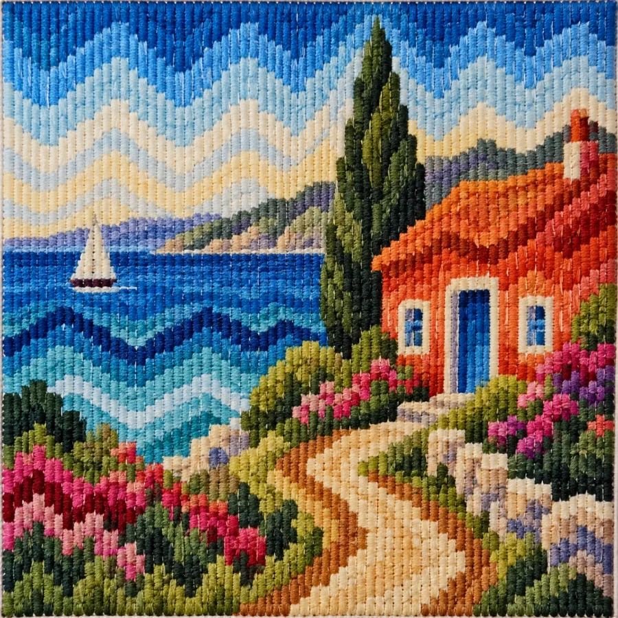 Bargello Needlepoint: Flame-like waves from stepped long stitches