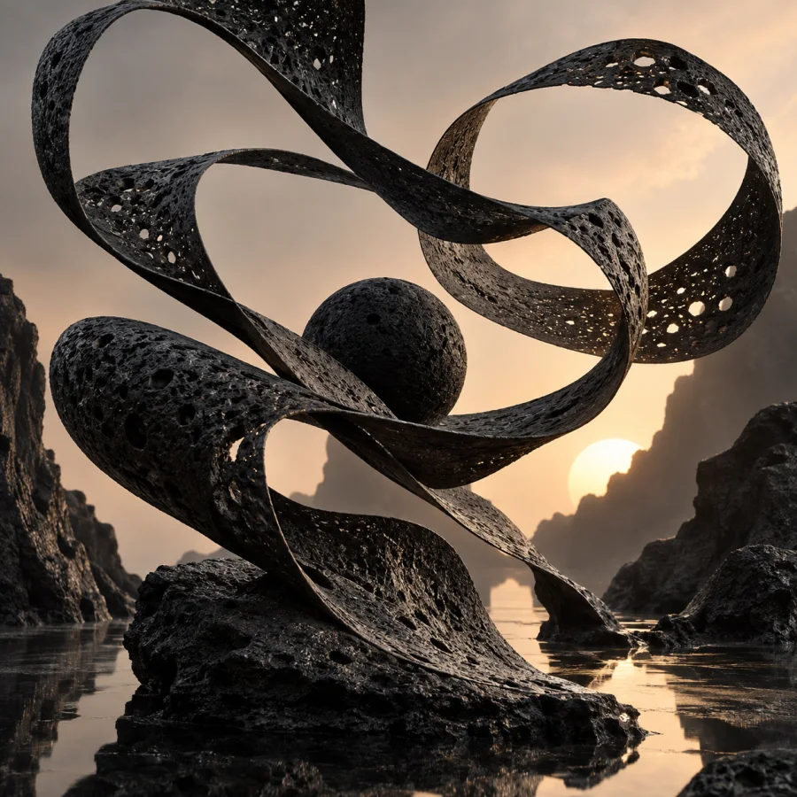 Basalt Ribbon Dance: Heavy volcanic stone shaped into impossibly thin flowing ribbons, porous black surfaces and elegant negative space.