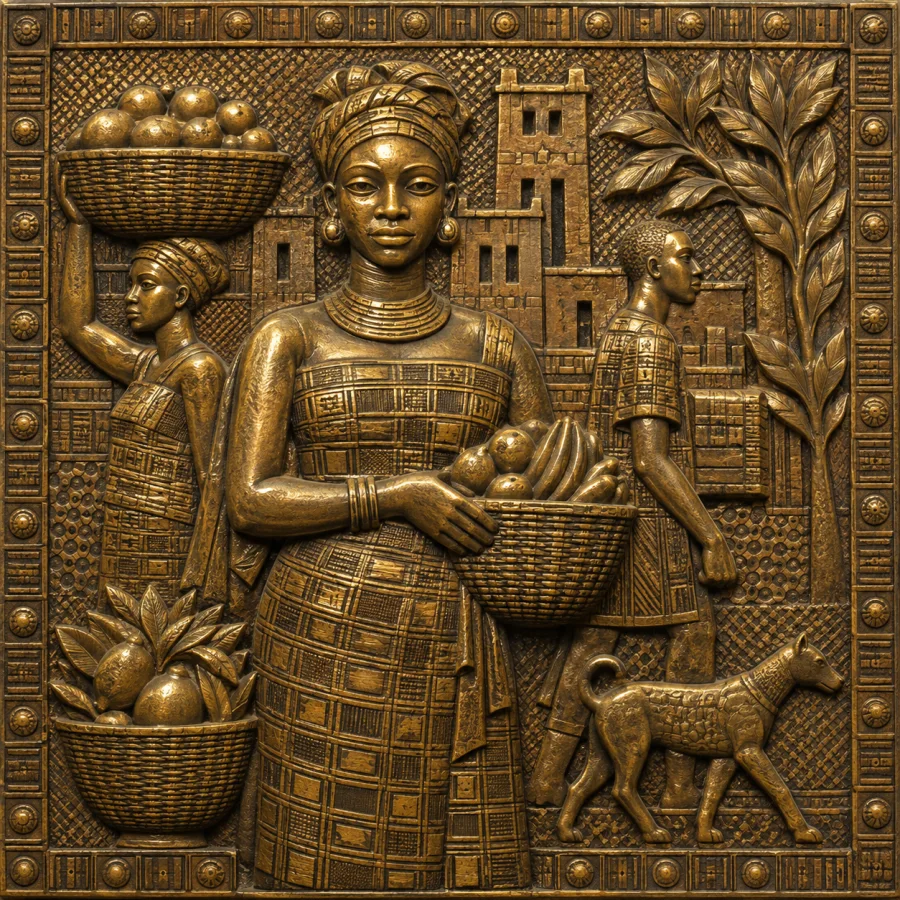 Benin-Inspired Brass Relief: Dense cast-brass relief with patterned grounds, frontal layering and warm metal highlights, using original everyday subjects.