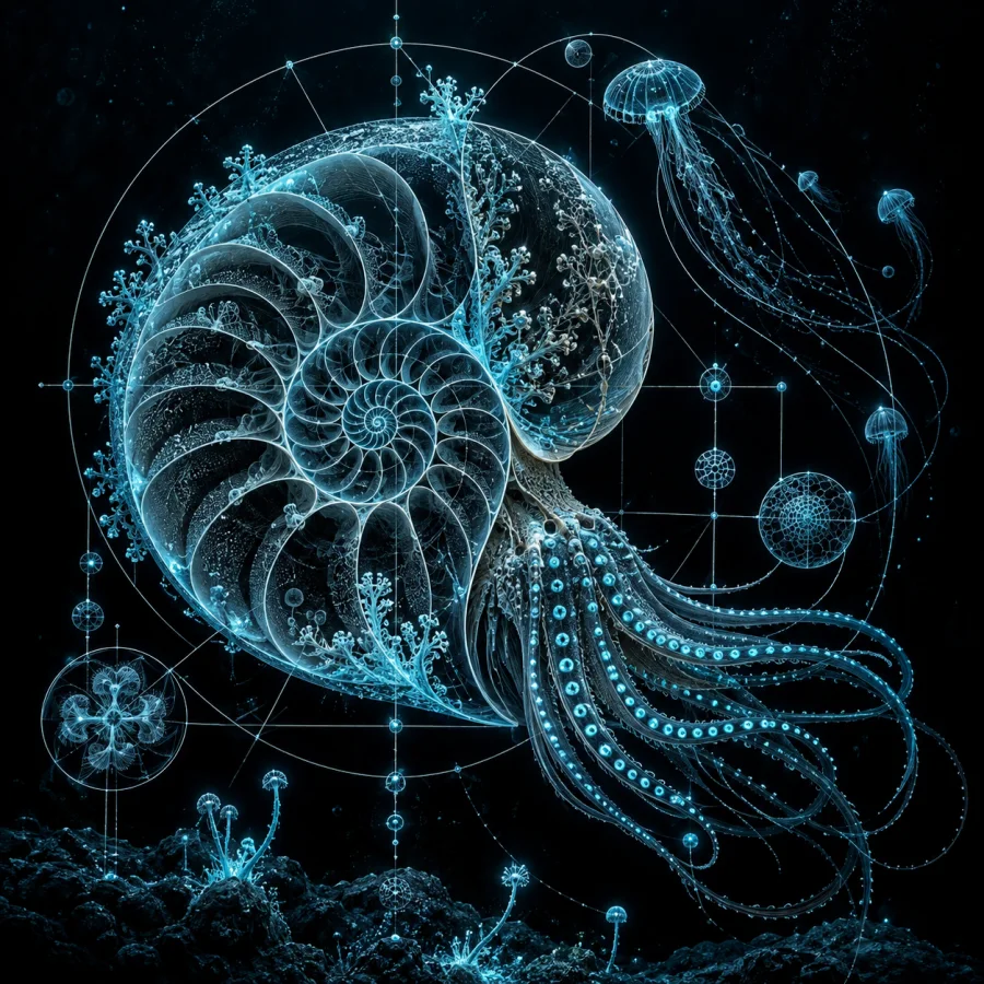 Bioluminescent Blueprint: Technical-looking luminous cyan organisms outlining structures on deep-sea black, organic irregularities within precise geometry.